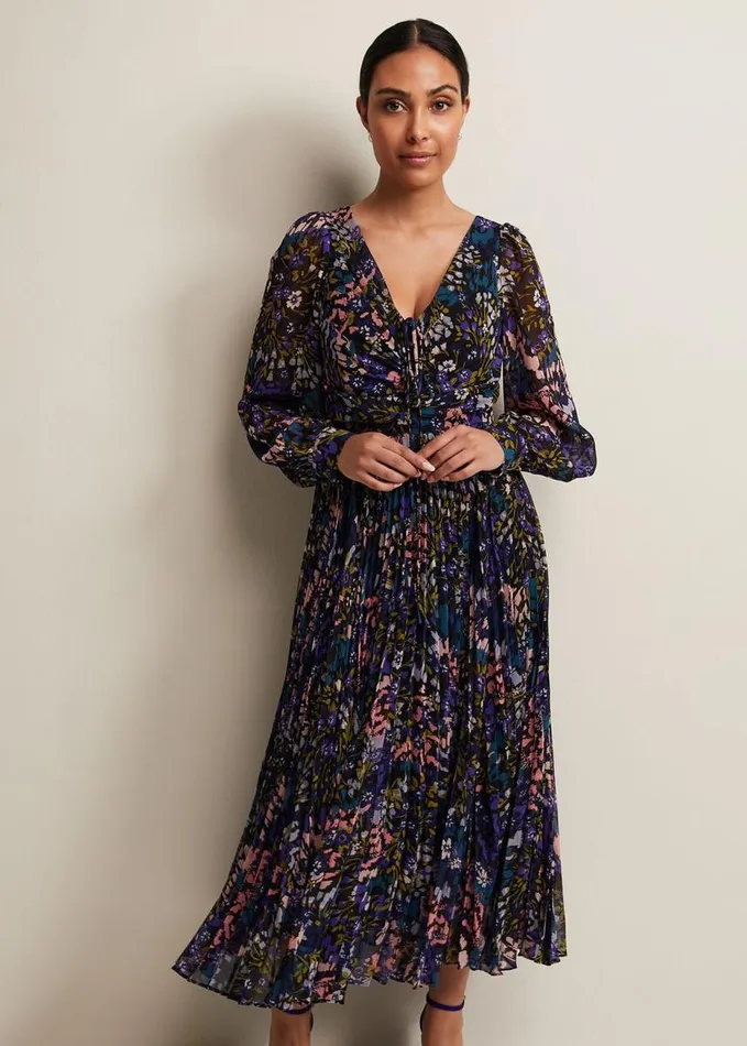 Phase Eight Petite Kindra Floral Pleated Midi Dress Multicoloured Women Dresses