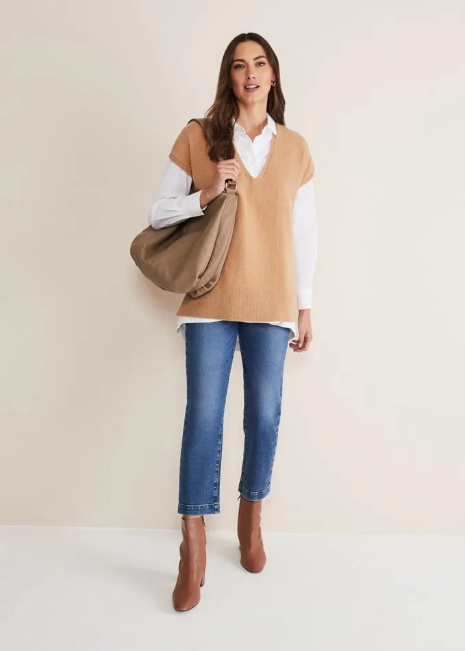 Phase Eight Safin V Neck Wool Blend Knitted Tabbard Camel Women Knitwear