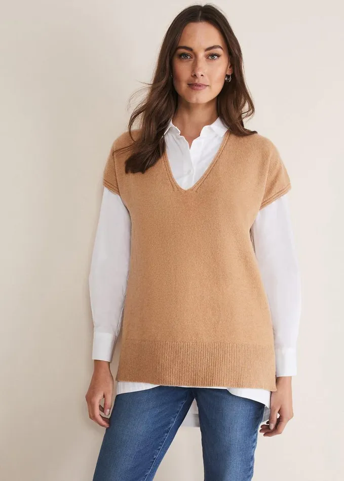 Phase Eight Safin V Neck Wool Blend Knitted Tabbard Camel Women Knitwear