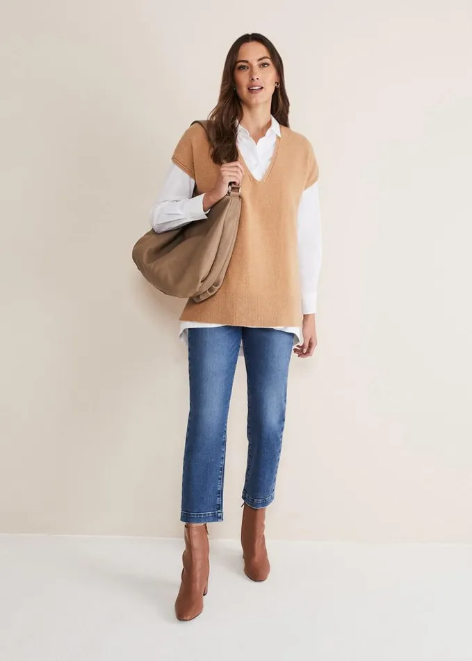 Phase Eight Safin V Neck Wool Blend Knitted Tabbard Camel Women Knitwear