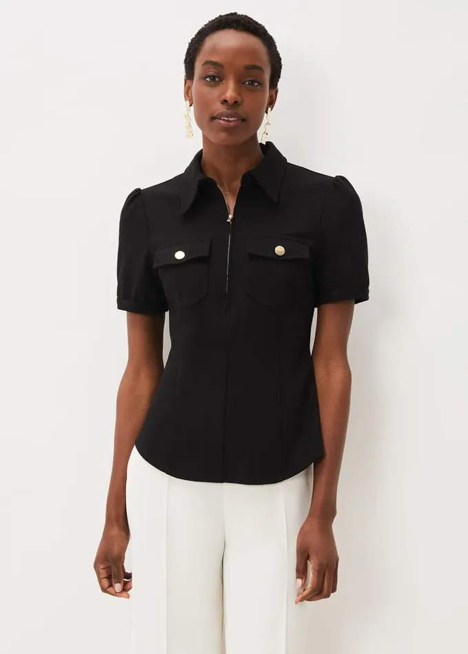 Phase Eight Shaden Zip Front Ponte Top Black Women Tops and TShirts