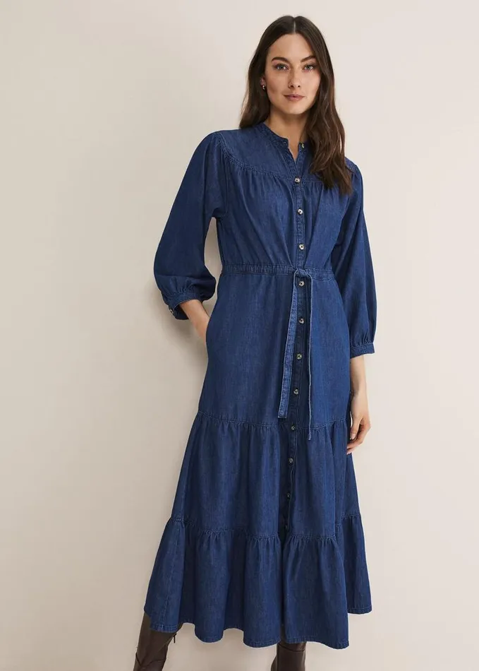 Phase Eight Talulla Tiered Denim Dress Indigo Women Dresses