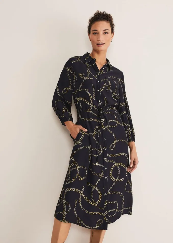 Phase Eight Tana Chain Print Shirt Midi Dress Navy Women Dresses