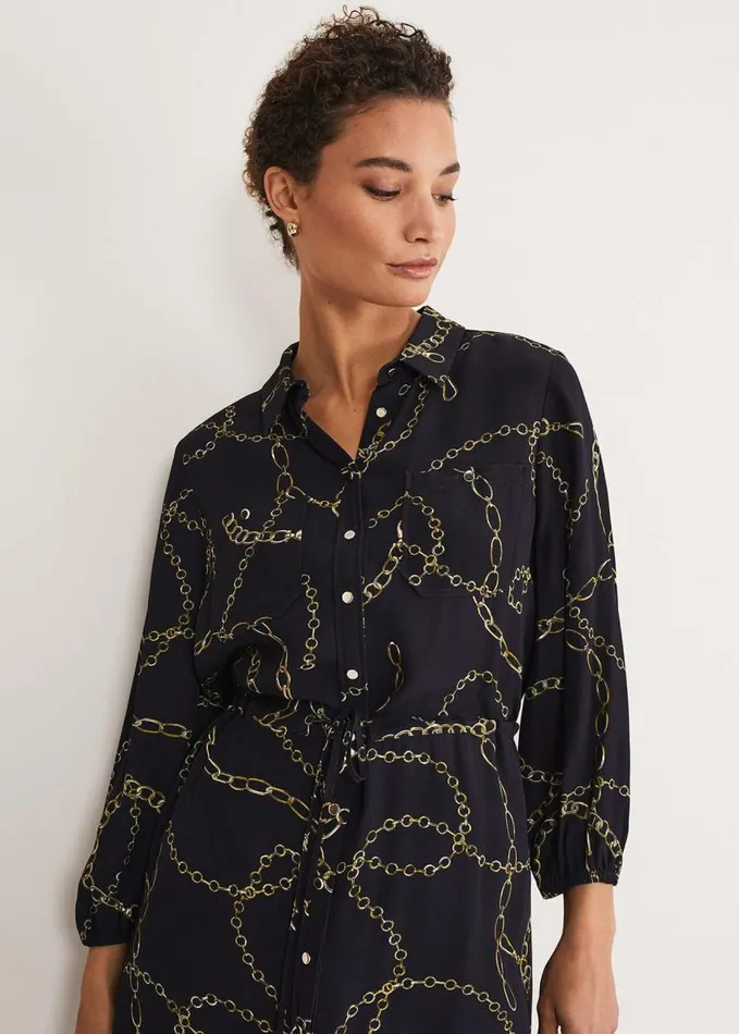 Phase Eight Tana Chain Print Shirt Midi Dress Navy Women Dresses