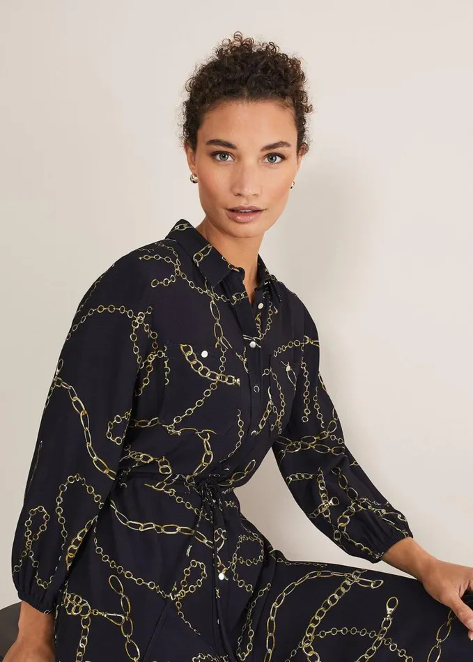 Phase Eight Tana Chain Print Shirt Midi Dress Navy Women Dresses