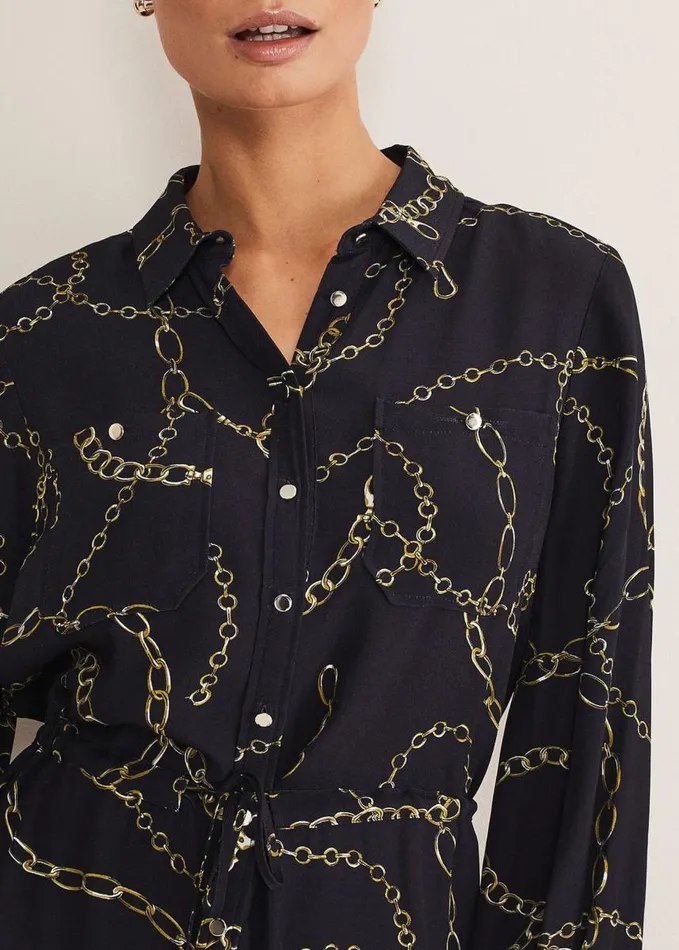 Phase Eight Tana Chain Print Shirt Midi Dress Navy Women Dresses
