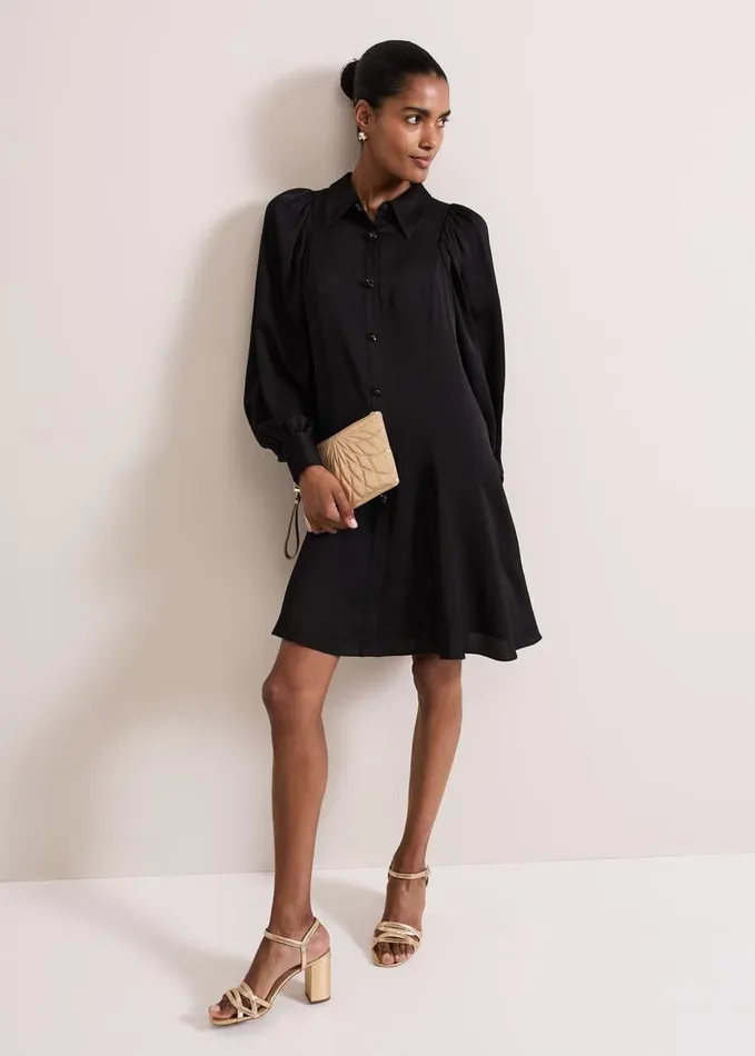Phase Eight Tila Black Satin Embellished Shirt Dress Black Women Dresses