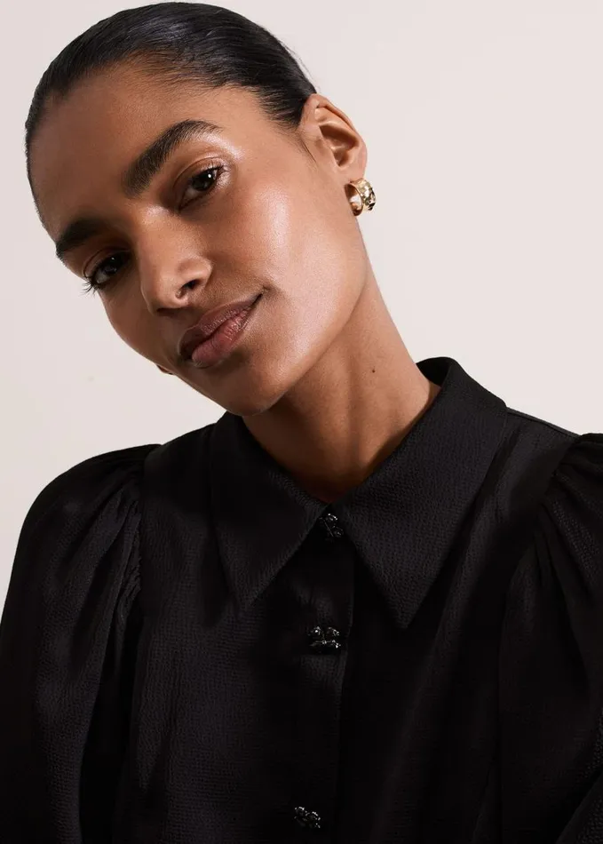 Phase Eight Tila Black Satin Embellished Shirt Dress Black Women Dresses