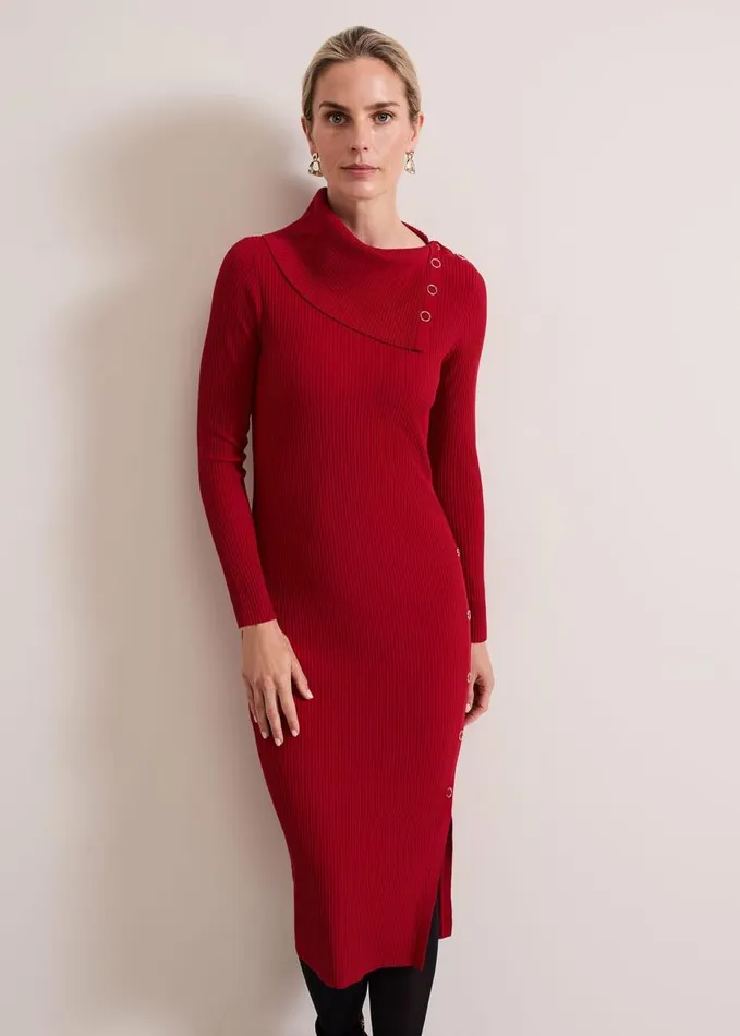 Phase Eight Willow Popper Column Midi Dress Red Women Dresses