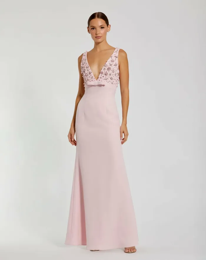 Pink Crepe Sleeveless Beaded V Neck Gown With Bow Blush Women Evening Gowns Mac Duggal