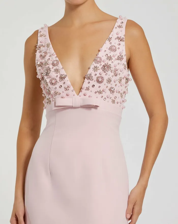 Pink Crepe Sleeveless Beaded V Neck Gown With Bow Blush Women Evening Gowns Mac Duggal