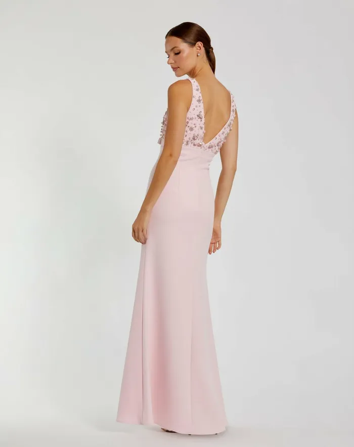Pink Crepe Sleeveless Beaded V Neck Gown With Bow Blush Women Evening Gowns Mac Duggal