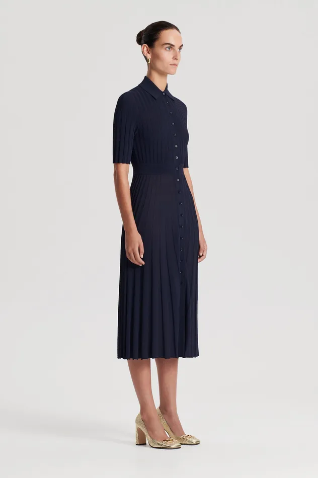 PLEATED RIB SHIRT DRESS NAVY Dresses Scanlan Theodore Women PLEATED RIB SHIRT DRESS NAVY Dresses Scanlan Theodore Women