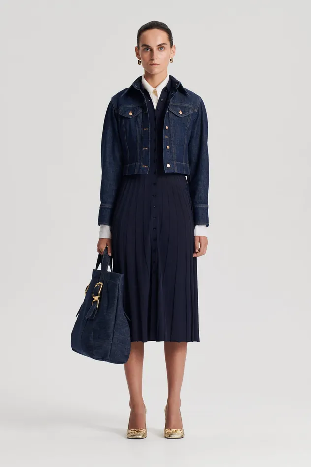 PLEATED RIB SHIRT DRESS NAVY Dresses Scanlan Theodore Women PLEATED RIB SHIRT DRESS NAVY Dresses Scanlan Theodore Women