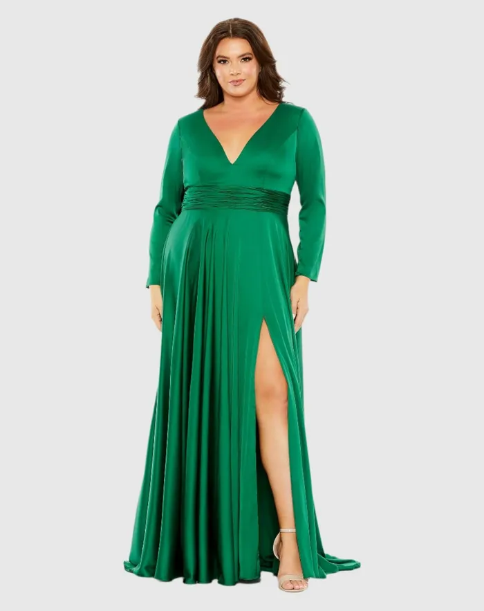 Plus Size Dresses Quarter Sleeve V Neck A Line Gown Emerald 8211 Mac Duggal Women Plus Size Dresses Quarter Sleeve V Neck A Line Gown Emerald 8211 Mac Duggal Women