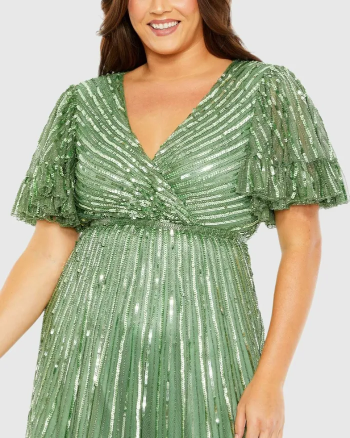 Plus Size Dresses Sequin Faux Wrap Flutter Sleeve Ruffle Dress Sage Mac Duggal Women Plus Size Dresses Sequin Faux Wrap Flutter Sleeve Ruffle Dress Sage Mac Duggal Women
