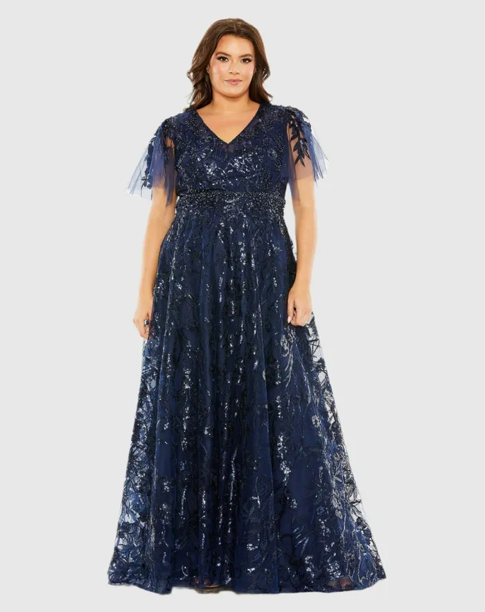 Plus Size Dresses Women Navy High Neck Flutter Sleeve Embellished ALine Gown Midnight Mac Duggal