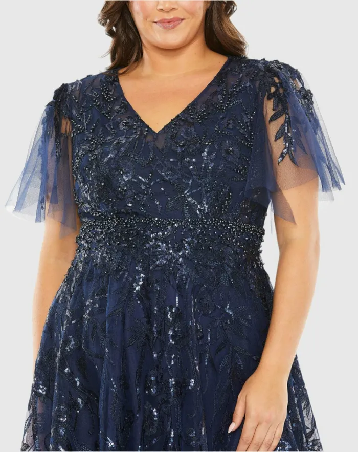 Plus Size Dresses Women Navy High Neck Flutter Sleeve Embellished ALine Gown Midnight Mac Duggal