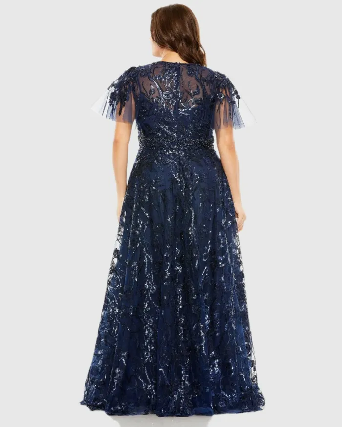 Plus Size Dresses Women Navy High Neck Flutter Sleeve Embellished ALine Gown Midnight Mac Duggal