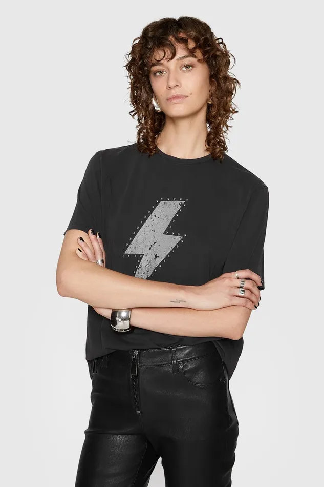 Rebecca Minkoff Carly Boyfriend TShirt Acid Wash Black Women Tops