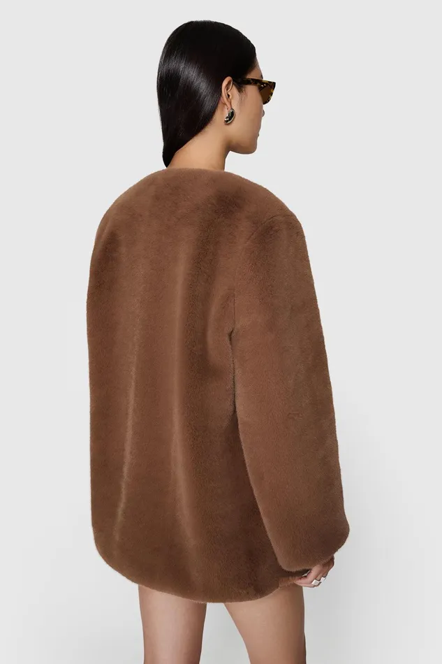 Rebecca Minkoff Vegan Fur Collarless Jacket Vicuna Women Outerwear