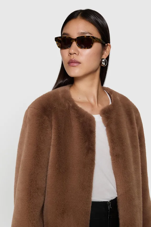 Rebecca Minkoff Vegan Fur Collarless Jacket Vicuna Women Outerwear