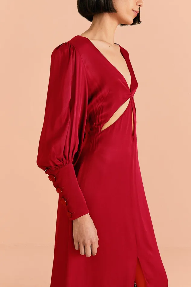Red Cut Out Long Sleeve Lenzing Ecovero Viscose Maxi Dress Women Farm Rio Maxi Dresses