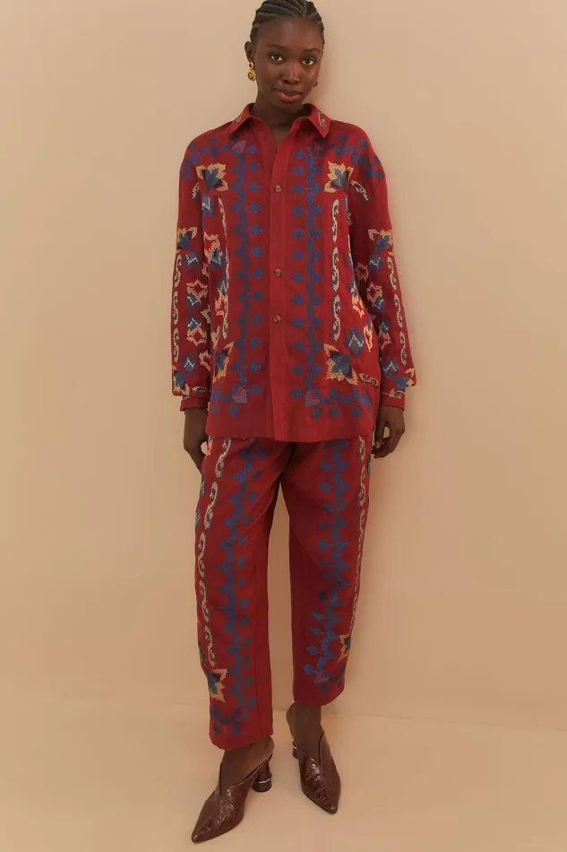 Red Floral Embroidery Jacquard Pants Women Farm Rio Pants