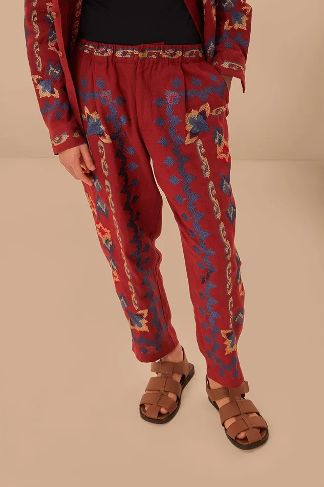 Red Floral Embroidery Jacquard Pants Women Farm Rio Pants