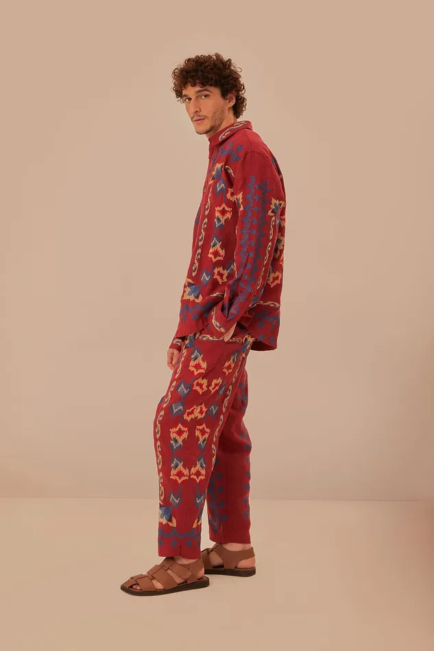 Red Floral Embroidery Jacquard Pants Women Farm Rio Pants