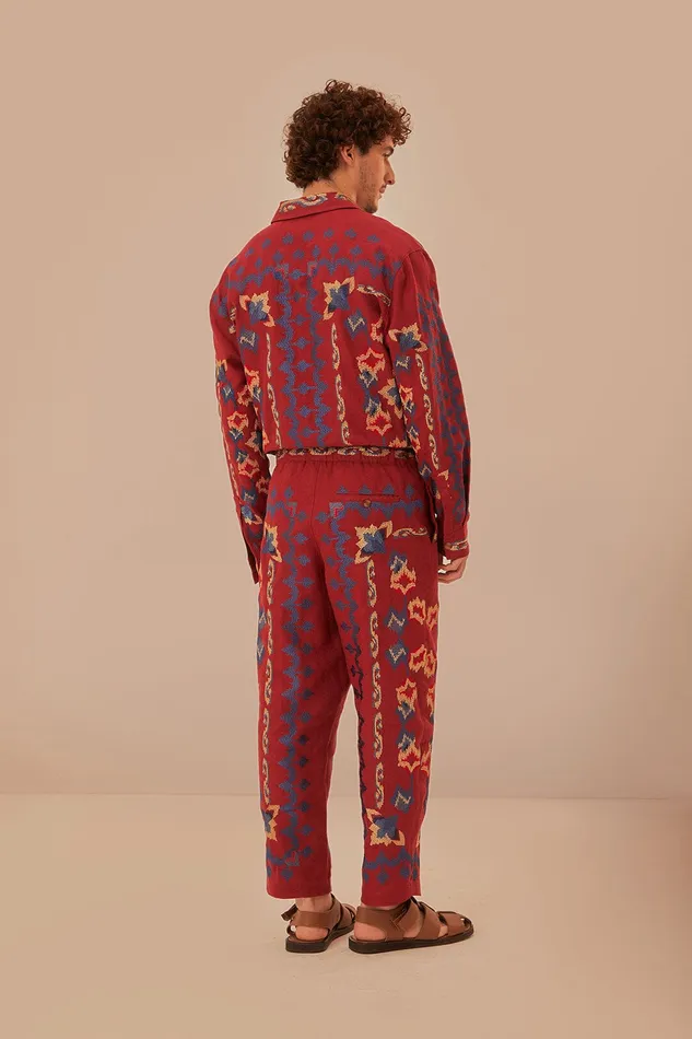 Red Floral Embroidery Jacquard Pants Women Farm Rio Pants