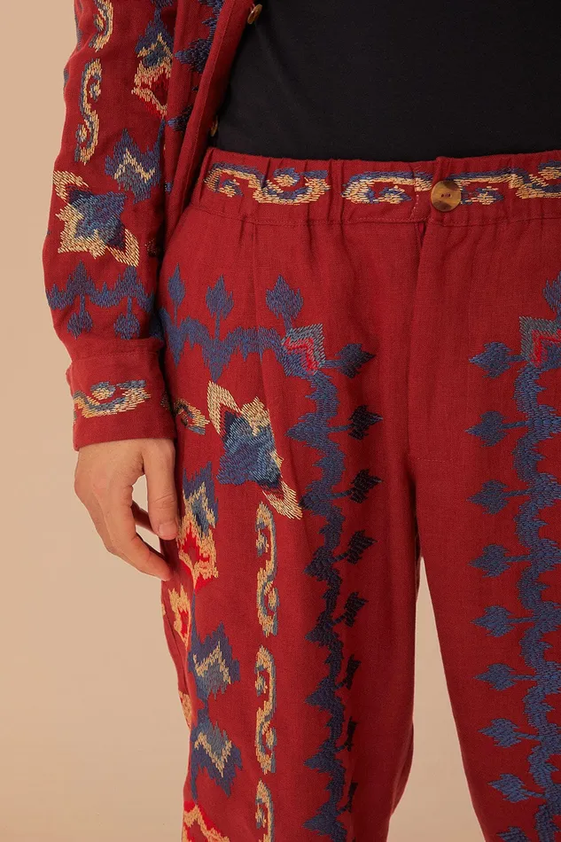 Red Floral Embroidery Jacquard Pants Women Farm Rio Pants