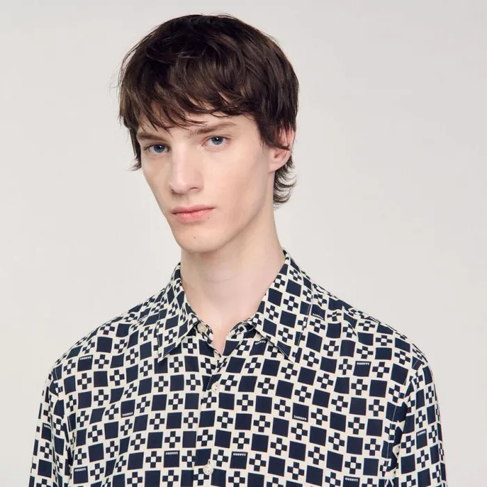 Shirts Men SANDRO Square Cross Motif Flowing Shirt Navy Blue