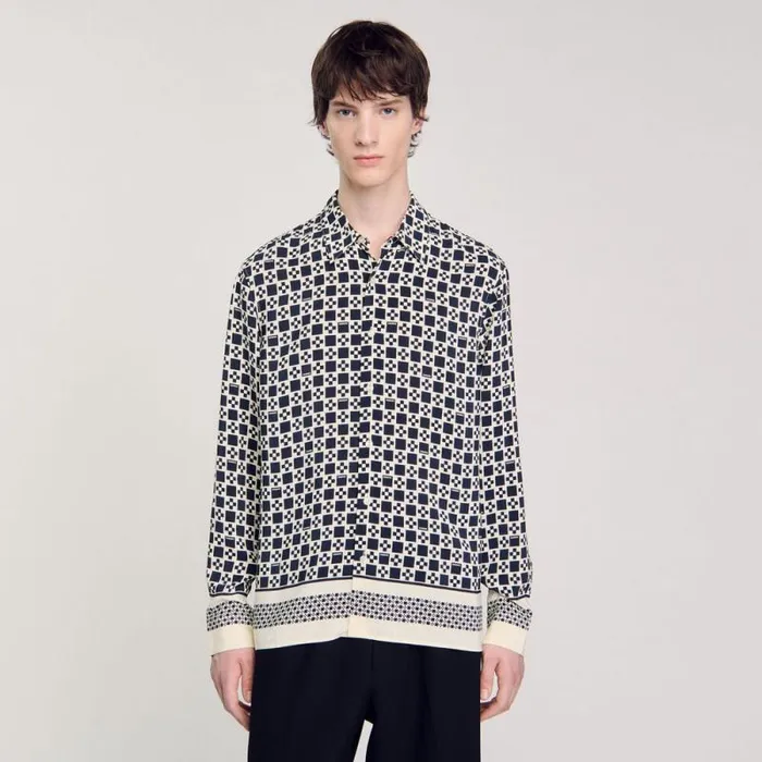 Shirts Men SANDRO Square Cross Motif Flowing Shirt Navy Blue