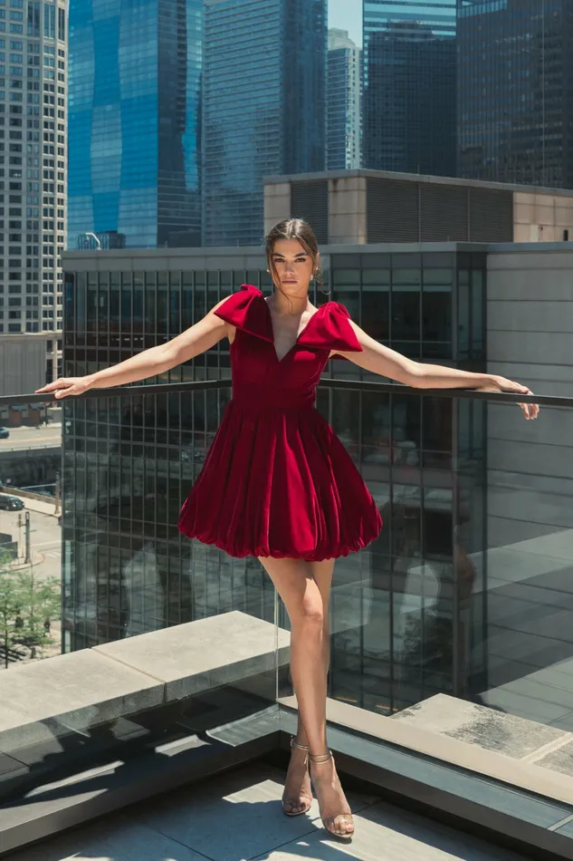 Shoulder Bow Velvet Bubble Mini Dress Berry Women Best Sellers Mac Duggal