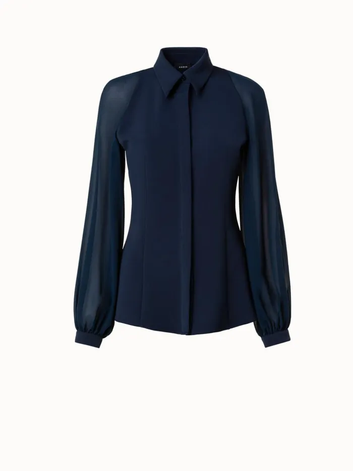 Silk Stretch Crpe Blouse With Transparent Organza Sleeves Navy Women Akris Blouses