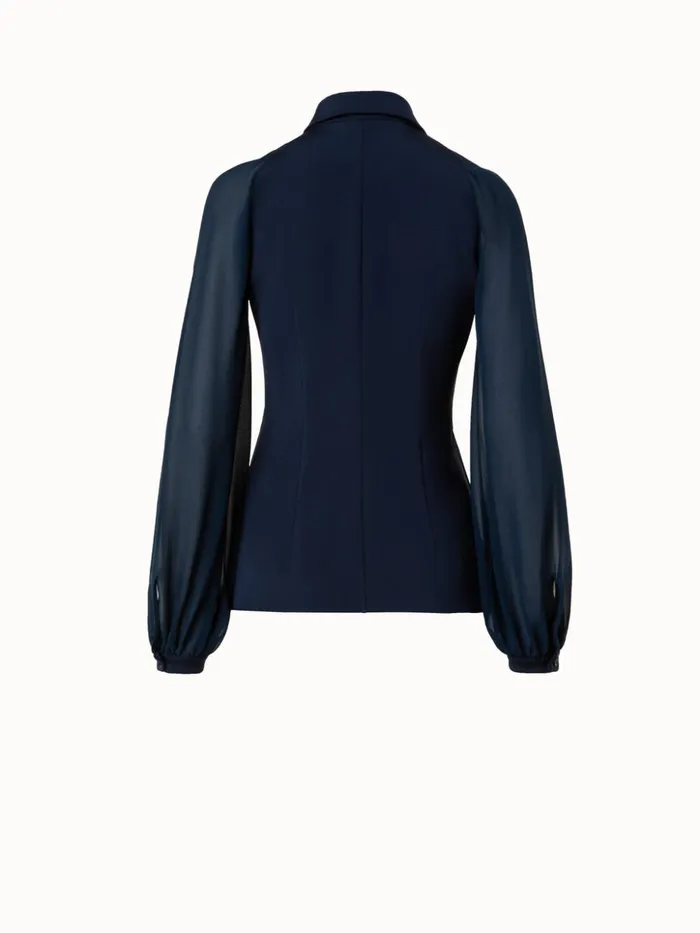 Silk Stretch Crpe Blouse With Transparent Organza Sleeves Navy Women Akris Blouses