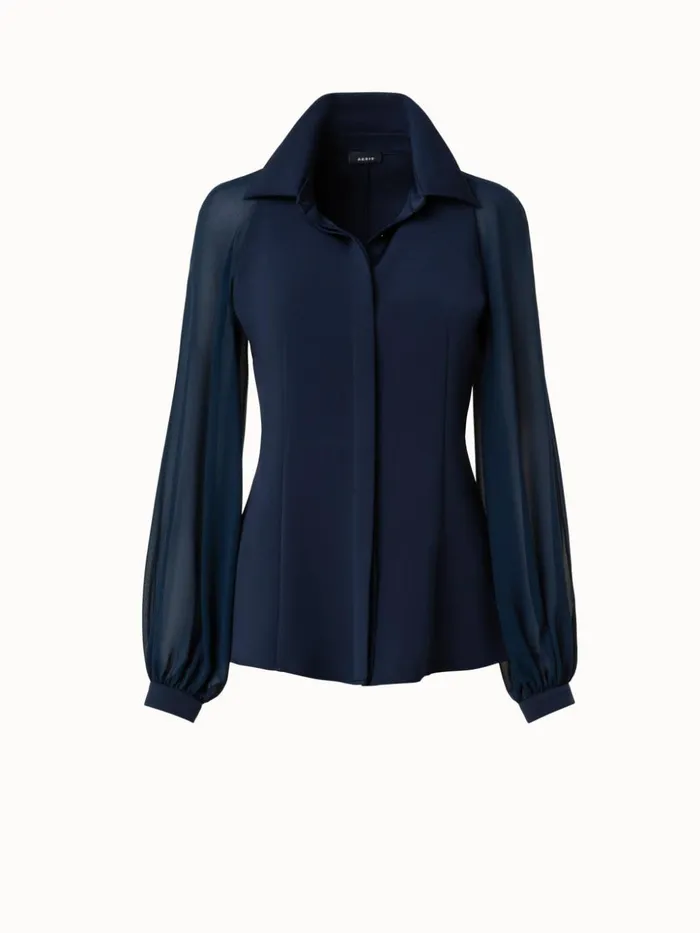 Silk Stretch Crpe Blouse With Transparent Organza Sleeves Navy Women Akris Blouses