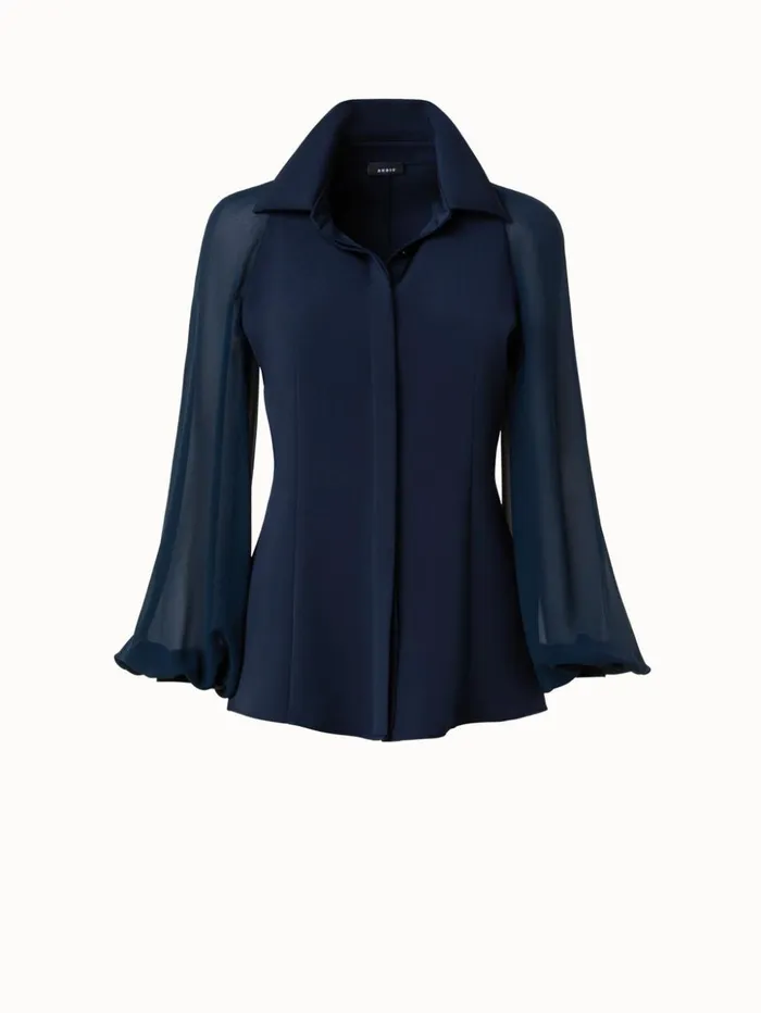 Silk Stretch Crpe Blouse With Transparent Organza Sleeves Navy Women Akris Blouses