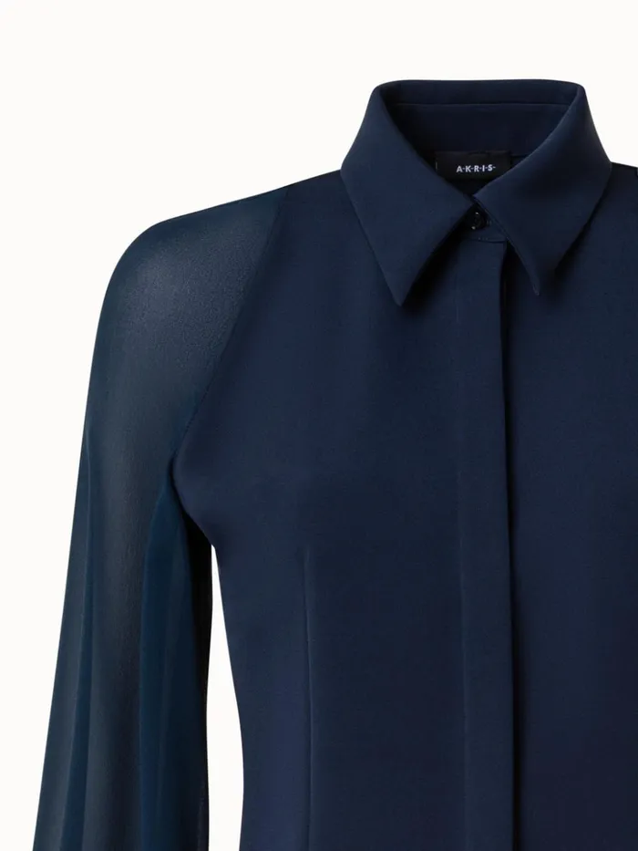 Silk Stretch Crpe Blouse With Transparent Organza Sleeves Navy Women Akris Blouses