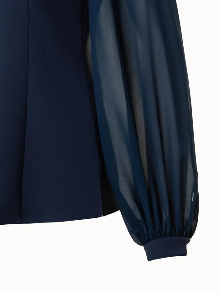Silk Stretch Crpe Blouse With Transparent Organza Sleeves Navy Women Akris Blouses