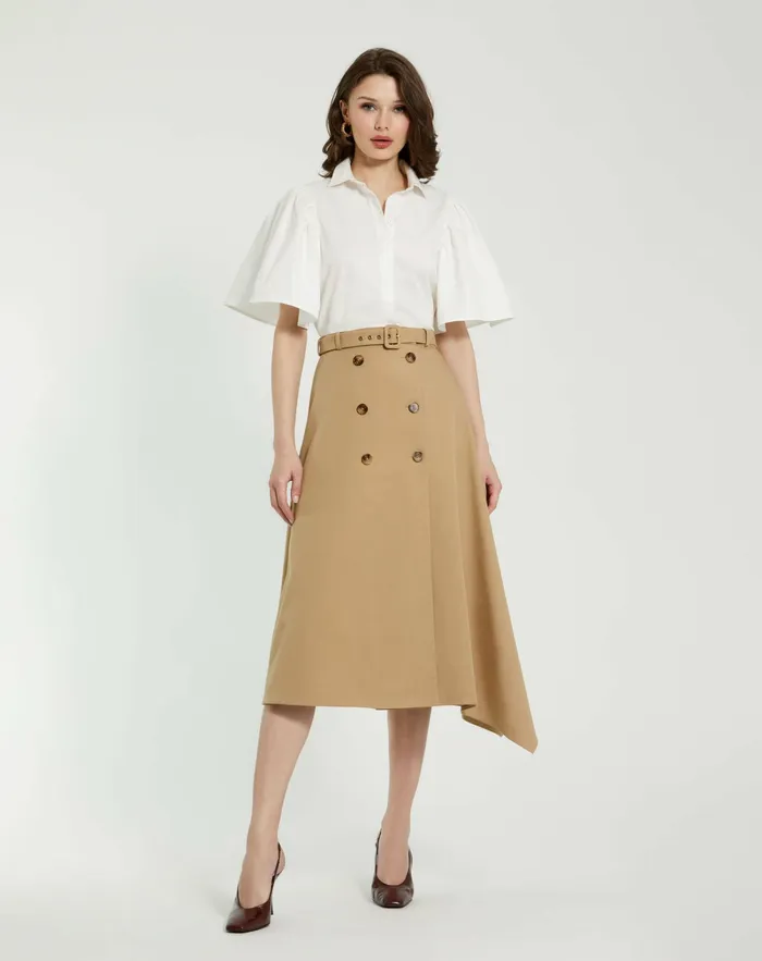 Skirts Mac Duggal Women Twill Midi Skirt With Buttons Taupe