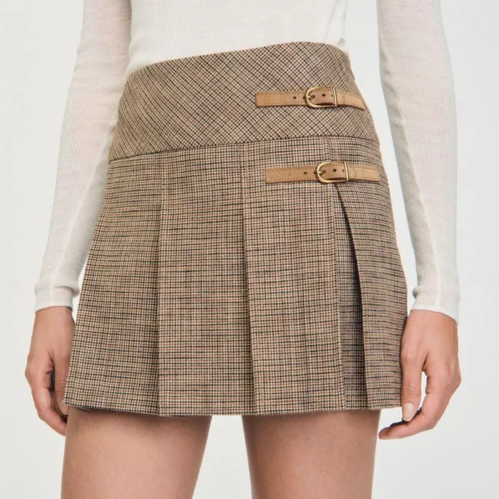Skirts Women SANDRO Pleated Micro Houndstooth Skirt Brown