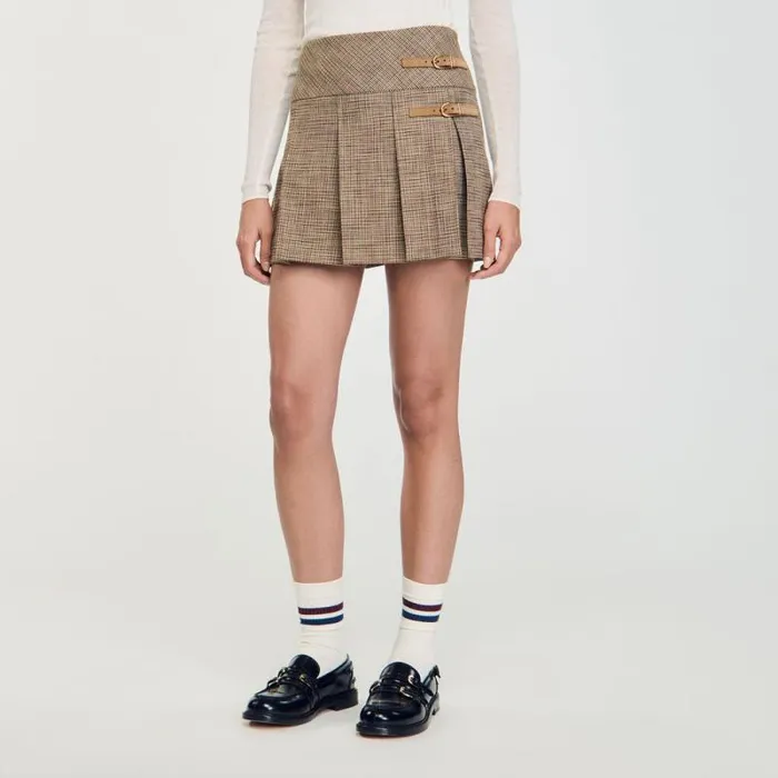 Skirts Women SANDRO Pleated Micro Houndstooth Skirt Brown
