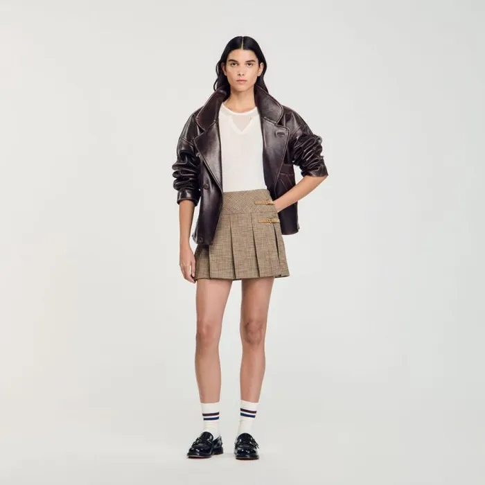 Skirts Women SANDRO Pleated Micro Houndstooth Skirt Brown