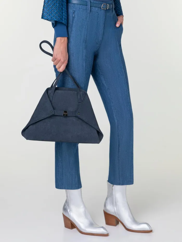 Small Ai Shoulder Bag In Suede Leather With Denim Look Indigo Women Akris Tote Bags