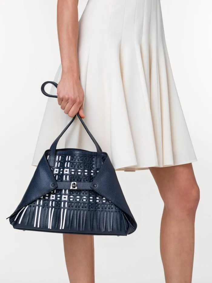 Small Ai Shoulder Bag In Woven Leather With Fringes Denimwhite Women Akris Tote Bags
