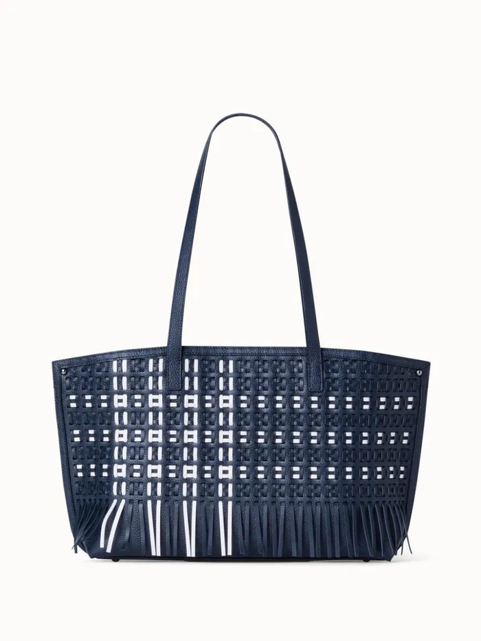 Small Ai Shoulder Bag In Woven Leather With Fringes Denimwhite Women Akris Tote Bags