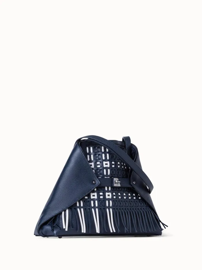 Small Ai Shoulder Bag In Woven Leather With Fringes Denimwhite Women Akris Tote Bags