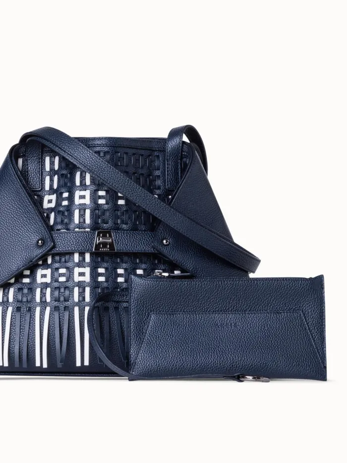 Small Ai Shoulder Bag In Woven Leather With Fringes Denimwhite Women Akris Tote Bags